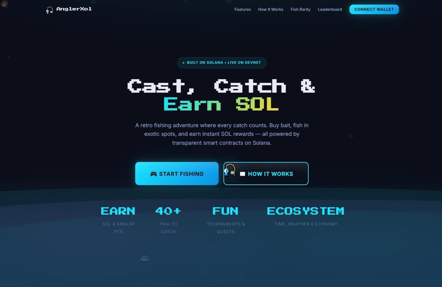 Screenshot proyek AnglerXol.fun — Game memancing retro di blockchain Solana.