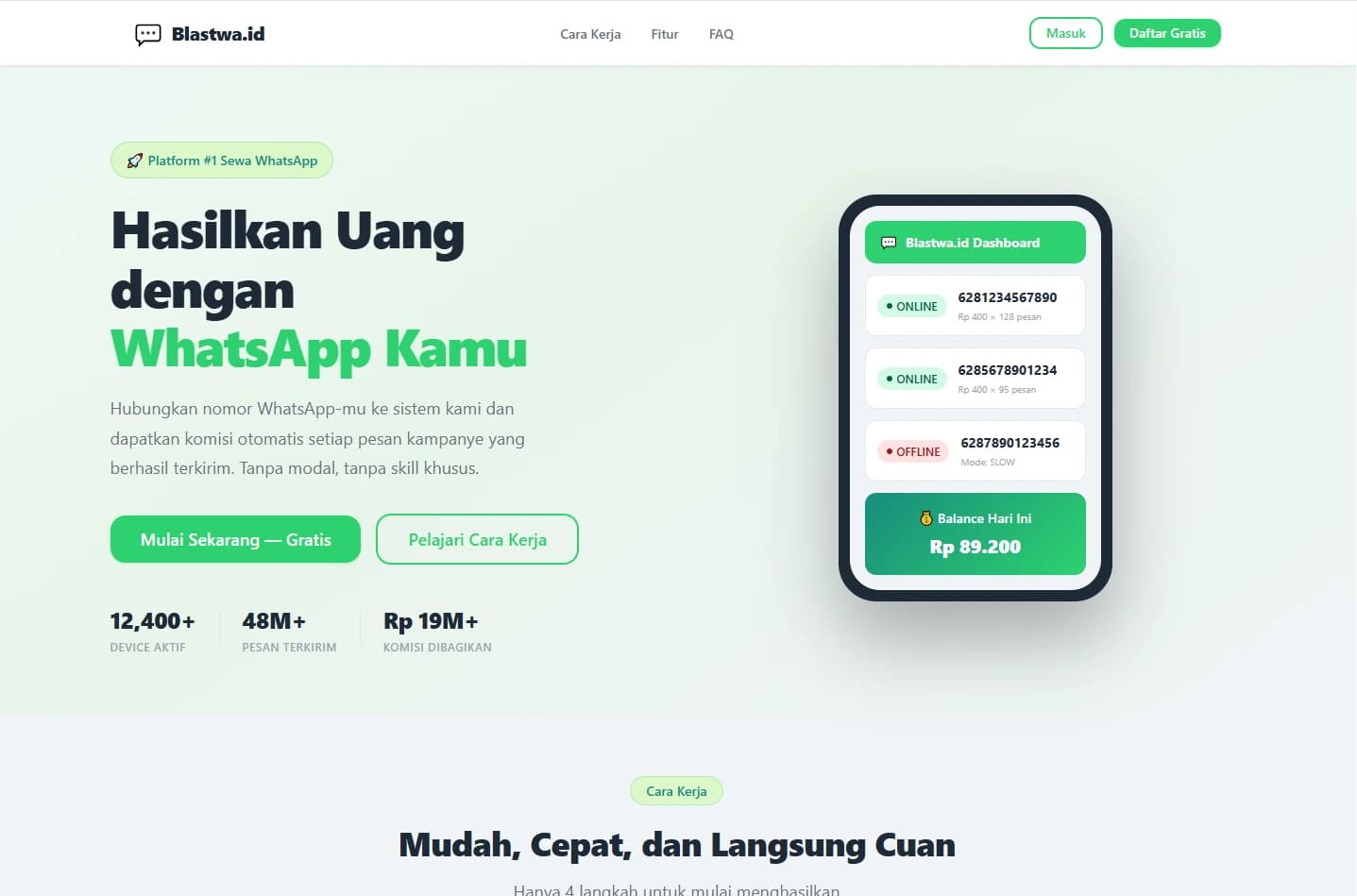 Screenshot proyek Blastwa — Platform sewa & blast WhatsApp dengan dashboard admin lengkap.
