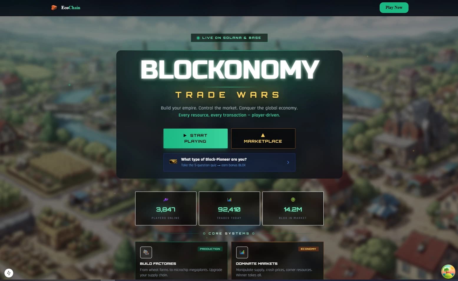 Screenshot proyek Blockonomy — Game ekonomi kripto berbasis browser.