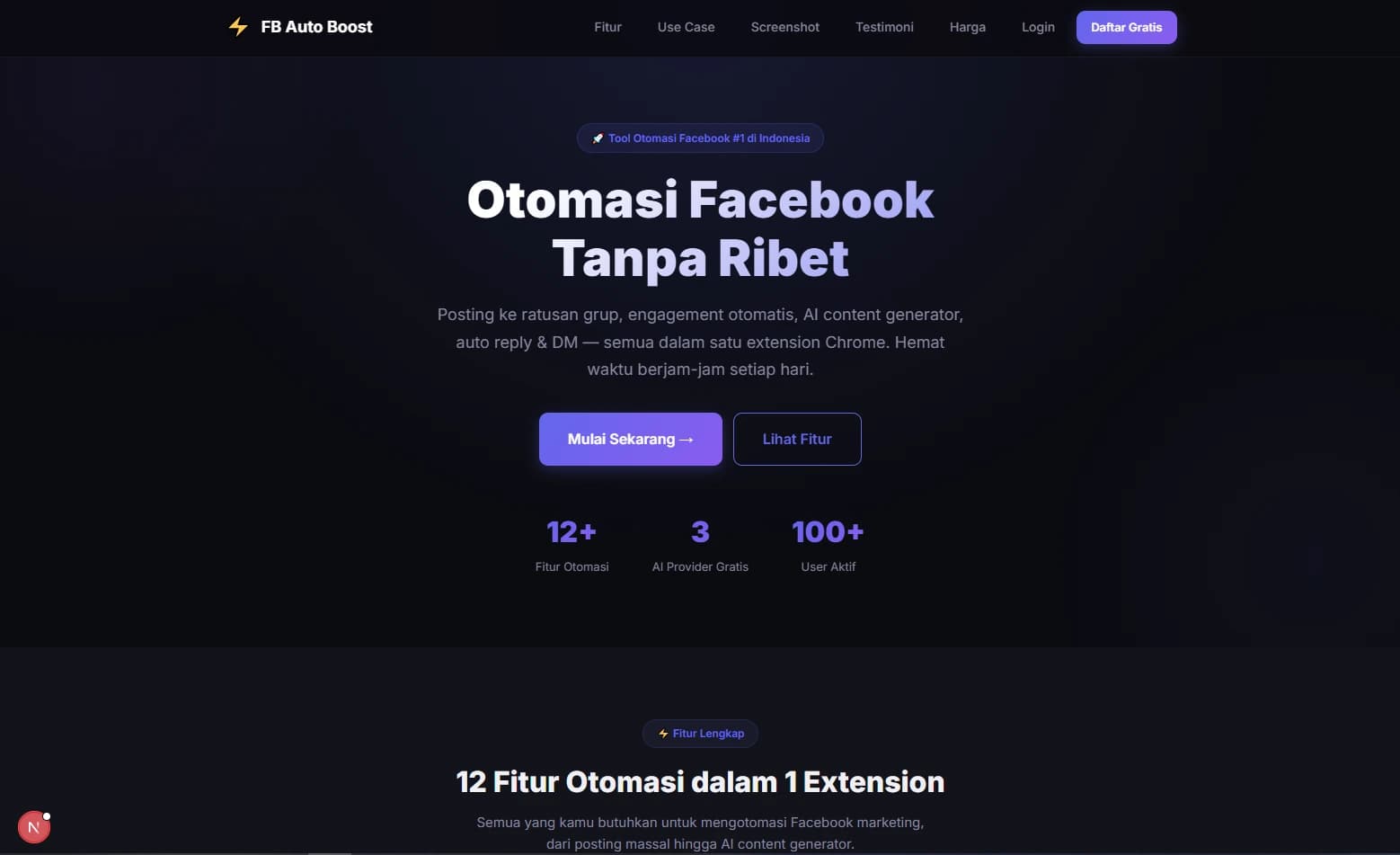 Screenshot proyek FB Auto Boost — Suite otomasi Facebook — extension & dashboard web.