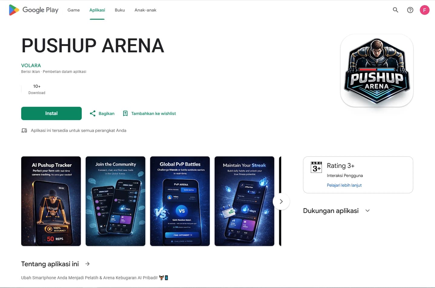 Screenshot proyek Pushup Arena — Pelacak push-up dengan elemen gamifikasi, sudah rilis di Play Store.