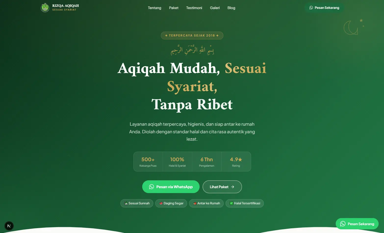 Screenshot proyek RizqaAqiqah.com — Platform layanan aqiqah premium dengan booking online.